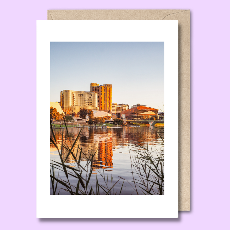Greeting card with a photo of the Adelaide riverbank precinct at golden hour on the front. There is sun reflecting off of the casino and Intercontinental Hotel and reeds in the foreground in front of the river.