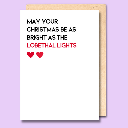 White greeting card with text on the front saying "May your Christmas be as bright as the Lobethal Lights"