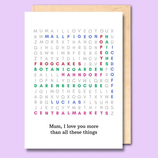 A white card with a word search on the front. The text below says "I love you more than all these things".