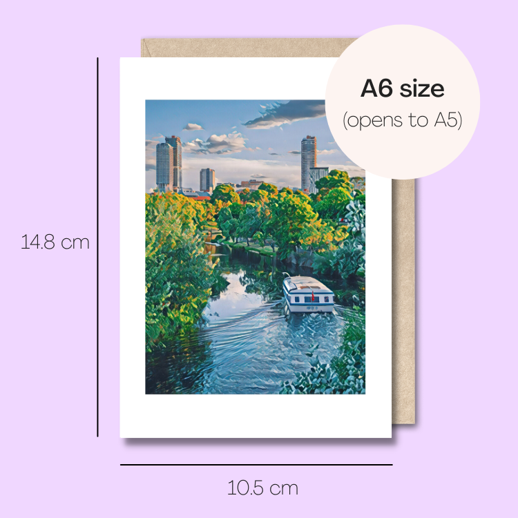 Example showing the size of the card. 14.8cm high x 10.5cm wide