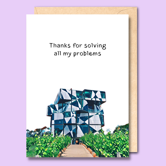 Greeting card with a watercolour style image of the d’Arenberg Cube on the front. The text below the image says “Thanks for solving all my problems.”