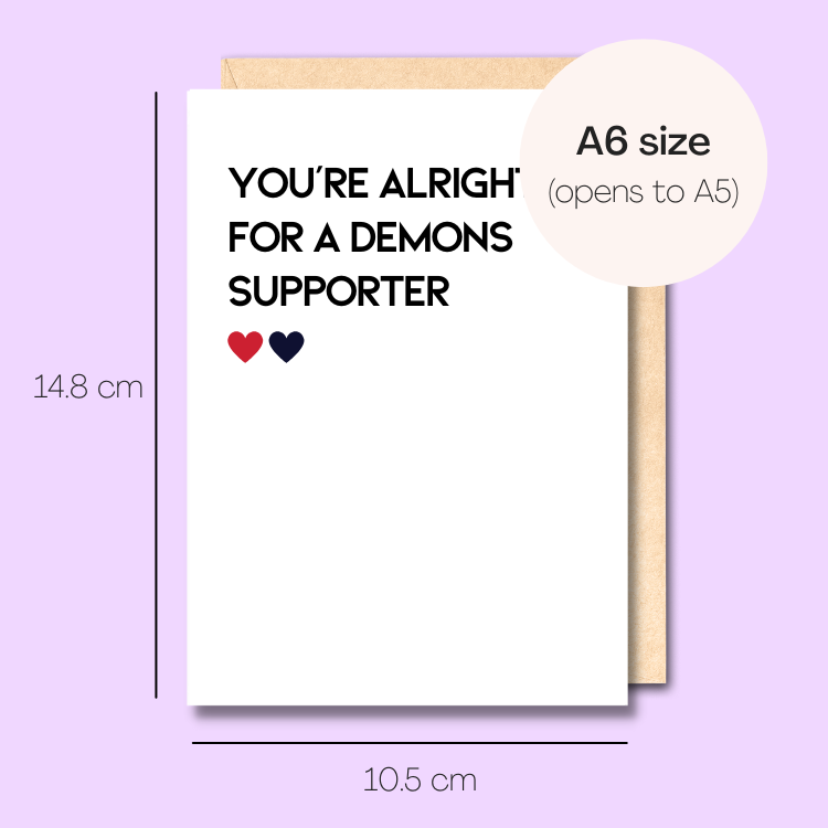 Example showing the size of the card. 14.8cm high x 10.5cm wide.