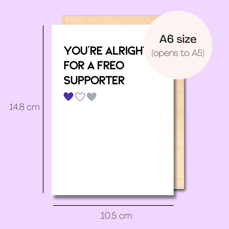 Example showing the size of the card. 14.8cm high x 10.5cm wide.