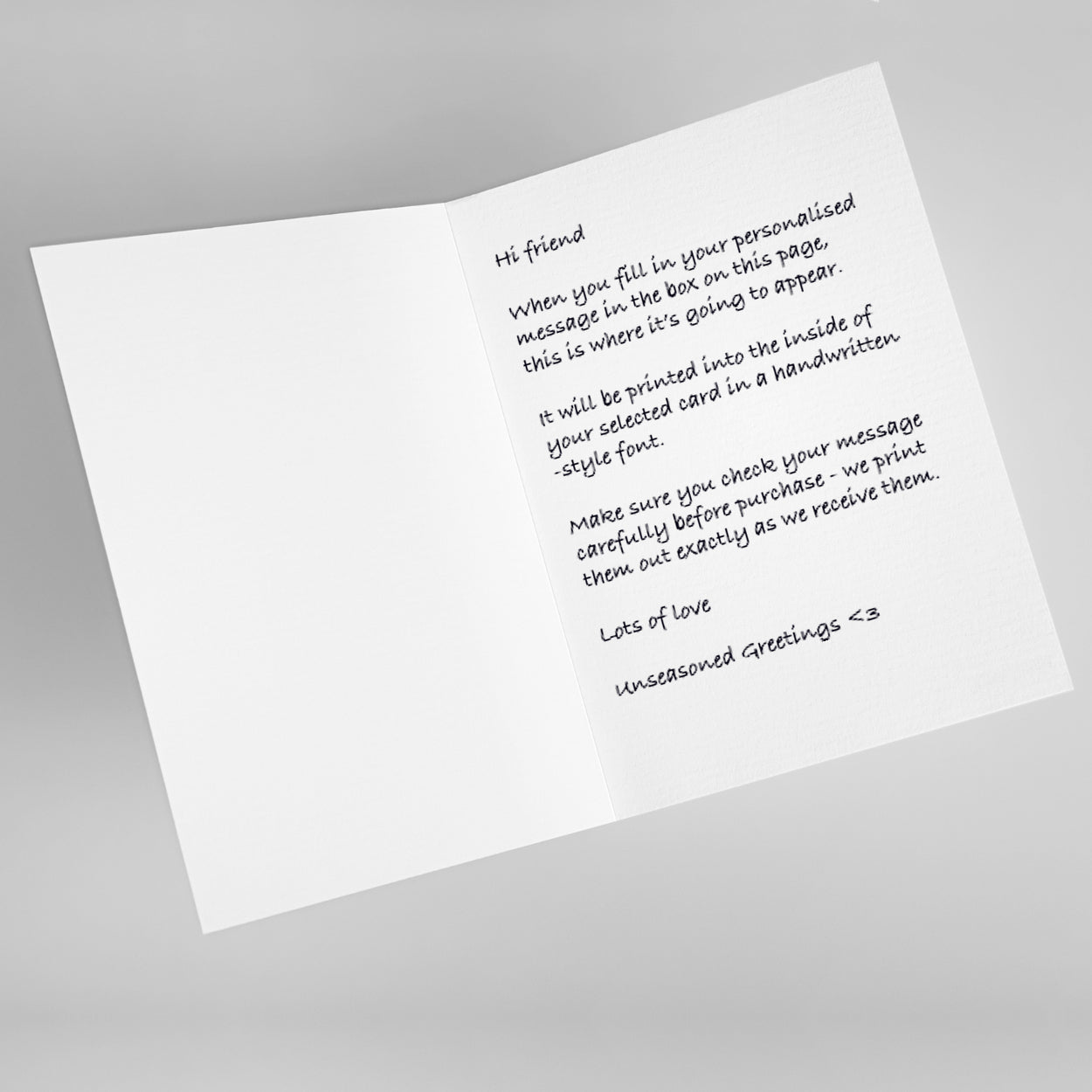 Open card showing example text printed on the right-hand page.