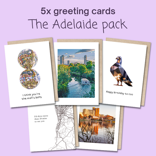 Five assorted greeting cards on a light purple background The text says “5x greeting cards pack. The Adelaide pack.”