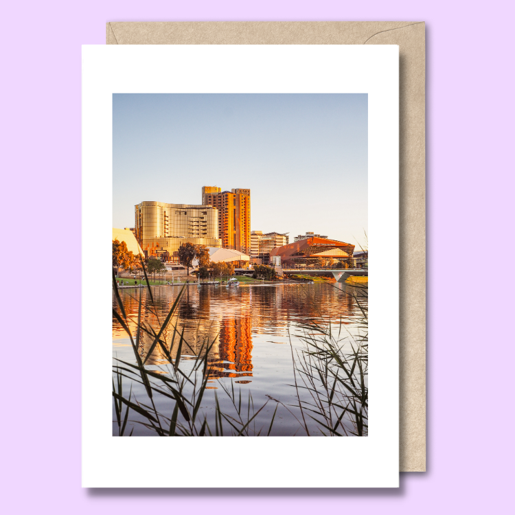 Greeting card with a photo of the Adelaide riverbank precinct at golden hour on the front. There is sun reflecting off of the casino and Intercontinental Hotel and reeds in the foreground in front of the river. 