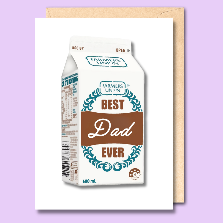 A white card on an illustration style picture of a farmers union iced coffee on it. The branding has been replaced with the words "best dad ever"