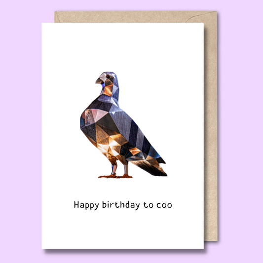 Greeting card with an image of the Rundle Mall pigeon on the front. The text says “Happy birthday to coo.”