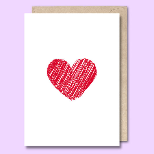Front of a plain white greeting card with a sketch of a red heart in the middle.