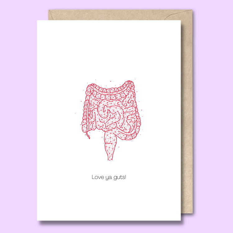Front of a plain white greeting card with a red sketch in the middle that looks like someone’s intestines. The text below the image says "Love ya guts!"