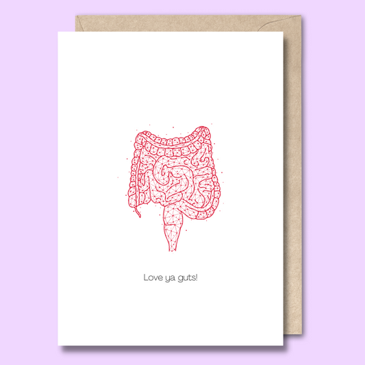 Front of a plain white greeting card with a red sketch in the middle that looks like someone’s intestines. The text below the image says "Love ya guts!"
