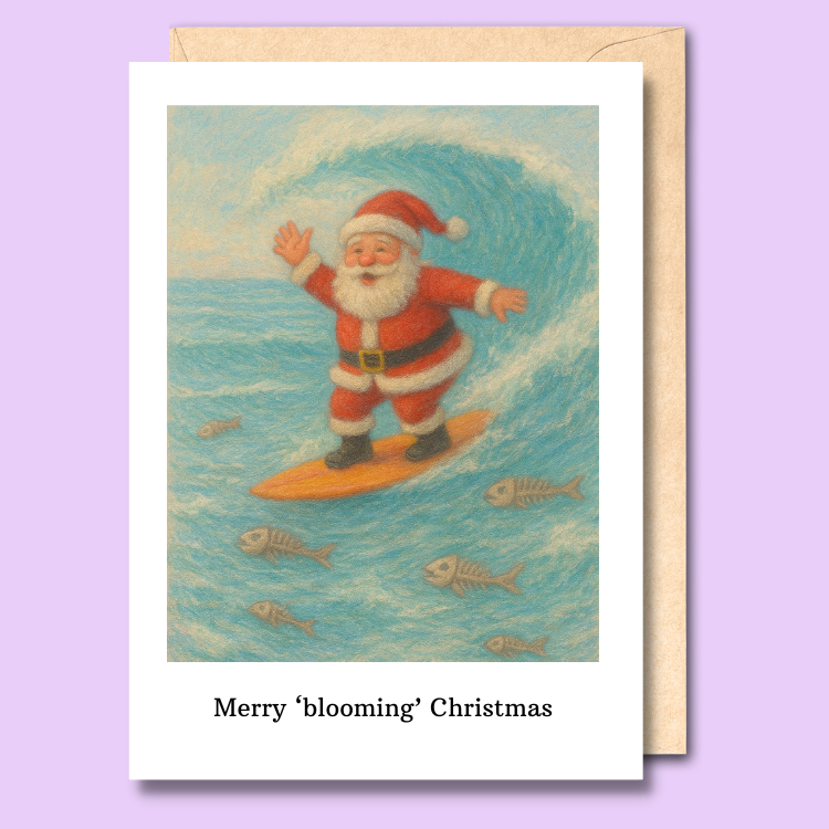 A greeting card with santa waving as he surfs over dead fish