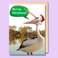 Greeting card with a happy pelican on the front wearing a santa hat on the Murray River. There is a speech bubble that says "Murray Christmas".