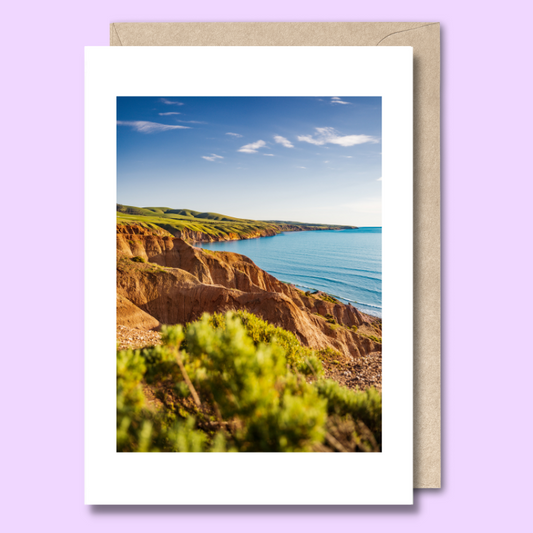 Greeting card with a photo of Sellicks Hill taken from the cliff top looking south. The hills are looking very green in this clear weather. 