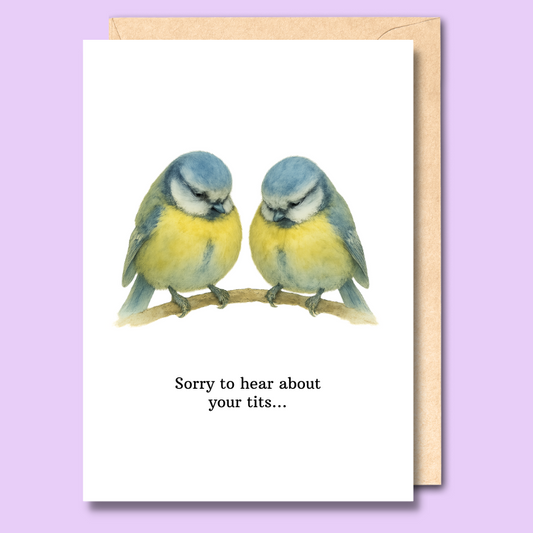 Card with two birds on a branch and humorous text on a purple background