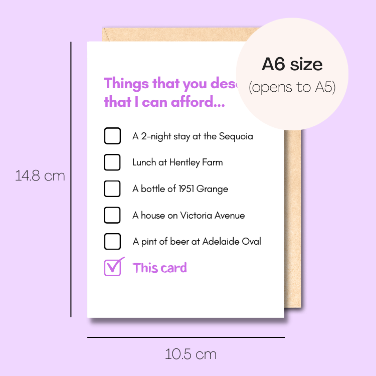 Example showing the size of the card. 14.8cm high x 10.5cm wide