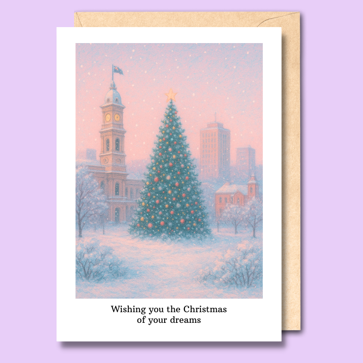 A card with an image of what Adelaide would look like if it snowed at Christmas
