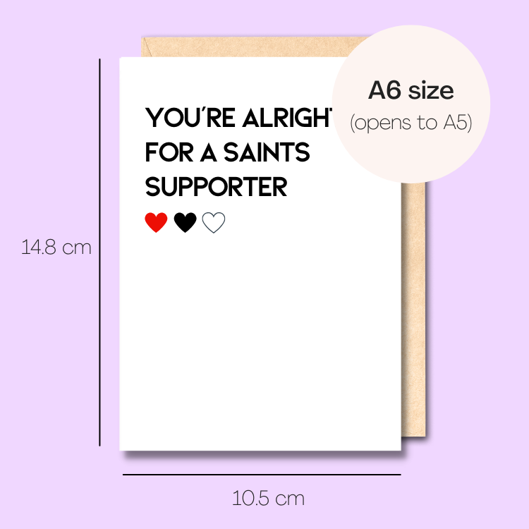 Example showing the size of the card. 14.8cm high x 10.5cm wide.