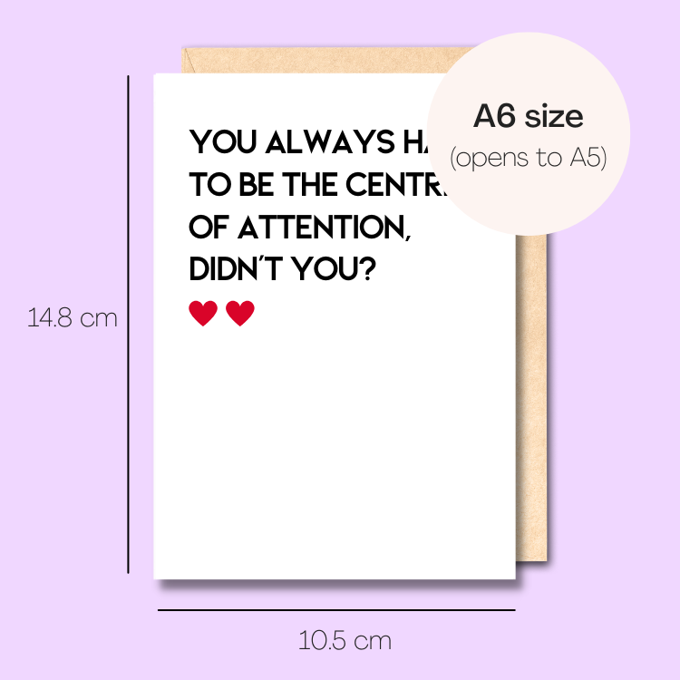 Example showing the size of the card. 14.8cm high x 10.5cm wide.