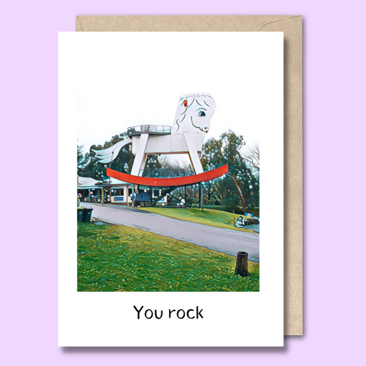 Greeting card with a stylised image of the Big Rocking Horse in Gumeracha on the front. The text says “You rock.”